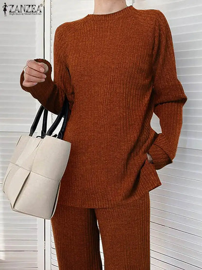 ZANZEA Winter Women 2-Piece Sets Knitted Tracksuits Fashion O Neck Long Sleeve Blouse Casual Pant Sets Stylish 2pcs Woman Outfit