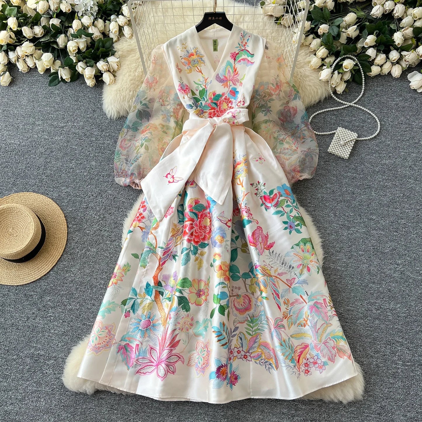 Women Dresses Mesh Long Dress Flower Print Lantern Sleeve V Neck Lace Up Tight Waist A Line Spring Maxi Gown Female Vestidos