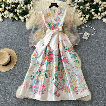 Women Dresses Mesh Long Dress Flower Print Lantern Sleeve V Neck Lace Up Tight Waist A Line Spring Maxi Gown Female Vestidos