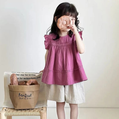 Girls Korean Fashion Summer Blouse Puff Flutter Sleeve Babydoll Shirt Elegant Casual Top Kids Cute Stylish Clothes for Toddler