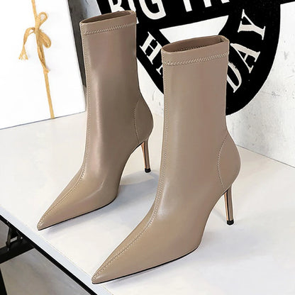 BIGTREE Shoes 2026 New Women Mid-Calf Boots Pointed Toe High-heel Boots Stiletto Heels Leather Boots Fashion Autumn Winter Boots