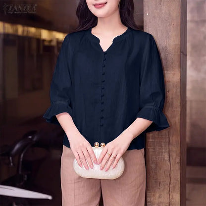 ZANZEA 2026 Women Cotton Linen Breathable Blouses Ruffled Trim V-Neck 3/4 Sleeve Thin Tops Summer Casual Solid Color Blusa Mujer