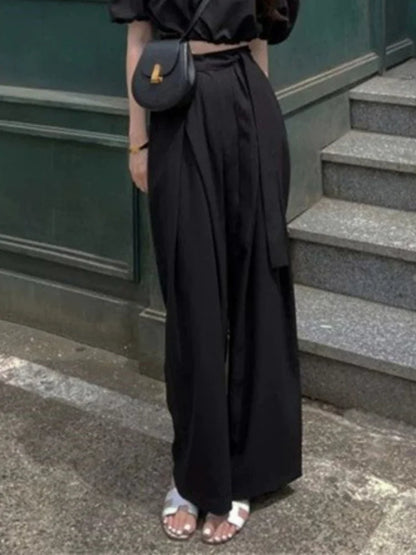 Casual Chic Wide Leg Pants Women Office Pocket Pleated Lace-up High Waist Trousers Fashion 2026 Spring Autumn Streetwear Pants