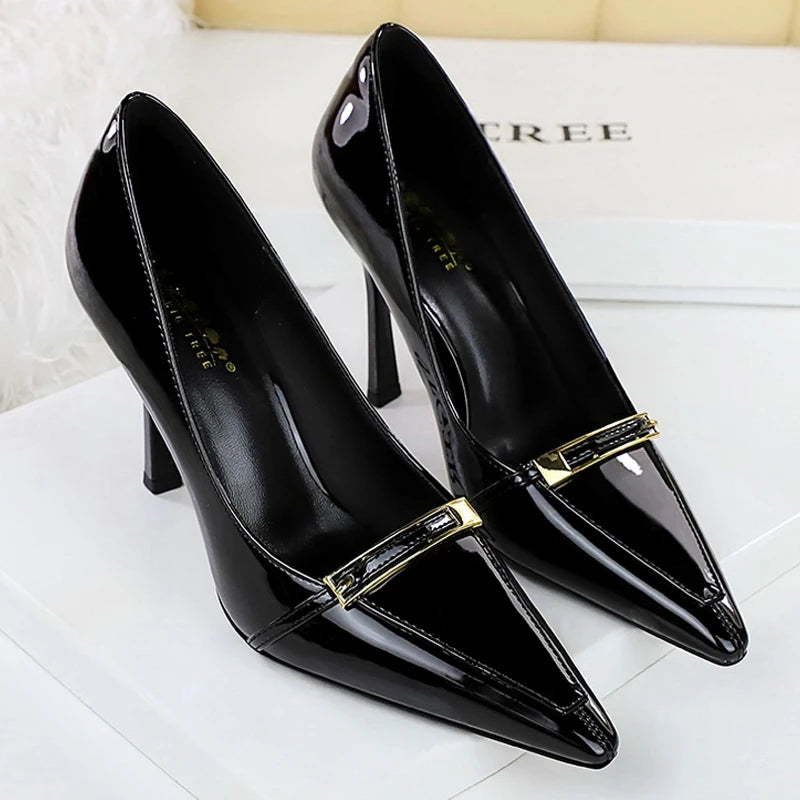 BIGTREE Shoes New Metal Buckle Women Pumps Pointed High Heels Patent Leather Women Heels Shoes Stiletto 9.5 cm Sexy Party Shoes