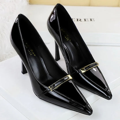 BIGTREE Shoes New Metal Buckle Women Pumps Pointed High Heels Patent Leather Women Heels Shoes Stiletto 9.5 cm Sexy Party Shoes