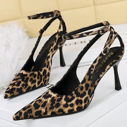 BIGTREE Shoes Leopard Print Women Pumps Sexy High Heels Pointed High-Heeled Sandals Women Summer Shoes Satin Stiletto Heels 8 cm