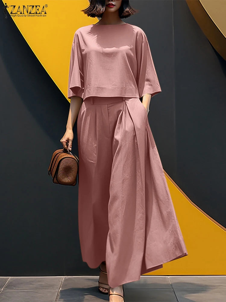 ZANZEA Summer Pant Sets 2025 Fashion Matching Sets Women Baggy Blouse Wide Leg Trousers Suit 2pcs Outfits Solid Work Tracksuits