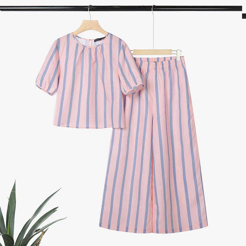 ZANZEA Women's Casual Striped 2-Piece Pant Sets Short Sleeve Loose Blouse & Wide Leg Trousers Suits Stylish Everyday Work Outfit