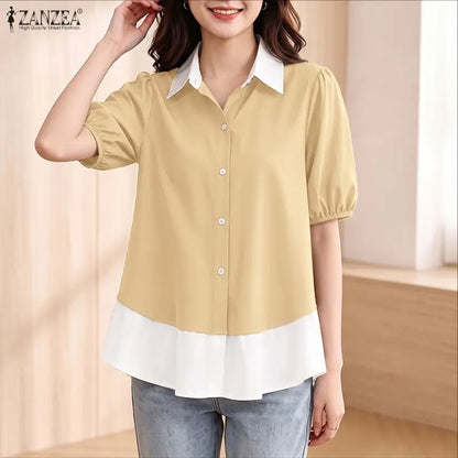 ZANZEA Woman Color-Block Shirts Elegant Lapel Puff Sleeves Button Up Peplum Blouses Summer Casual Daily Wear Chemises Femme 3XL