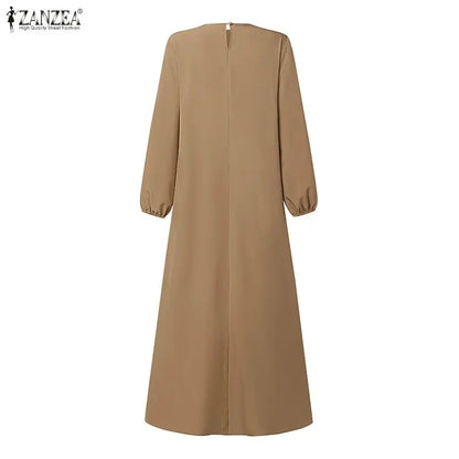 ZANZEA Elegant Muslim Abaya Dress Women O Neck Long Sleeve Pleated Sundress Solid Color Loose Maxi Long Dress Eid Ramadan Robe