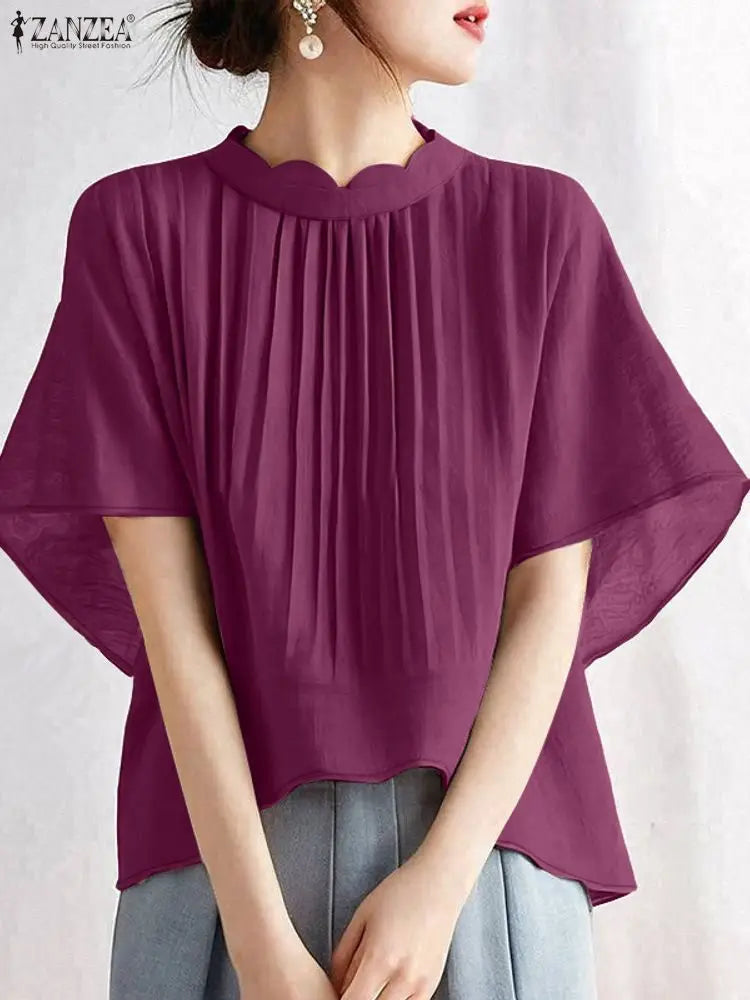 ZANZEA Elegant Pleated High-Low Blouses Womens 2025 Summer Casual Wavecut Stand Collar Short Sleeve Solid Color Tops Streetwear