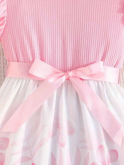 Floral print patchwork striped sleeveless dress and belt, popular style, suitable for daily travel