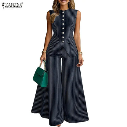 ZANZEA Women's Elegant Pant Suits Striped Sleeveless Vest Tops & Wide Leg Pant 2 Pieces Sets Office Fashion Commuting Outfits