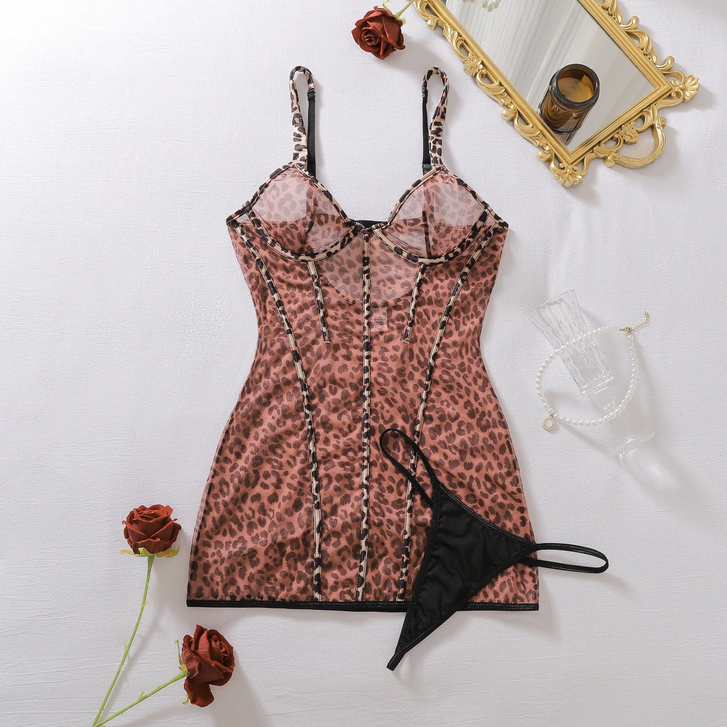 Toucheart Erotic Nightgown See-through Hot Girl Mesh Leopard Print Body-shaping Sexy Nightgown Suspender Cute Dress with Thong