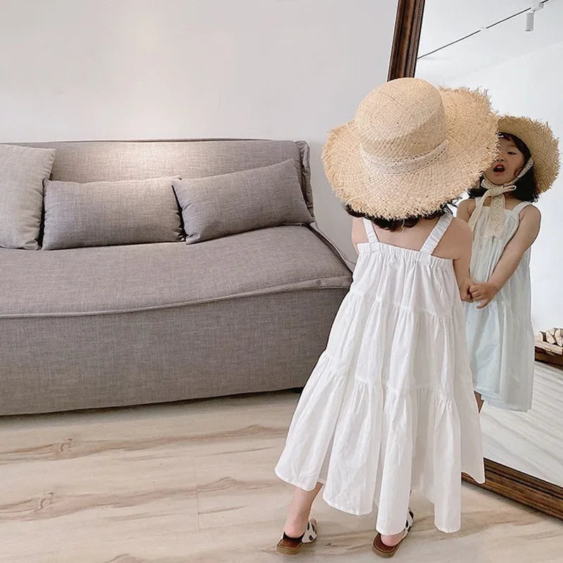 Girls Cotton Solid White Dress Ruffles Kids Strap Dress Summer Sleeveless Toddler Baby Long Dress Girl Clothes 1-6Y Kleid/robe
