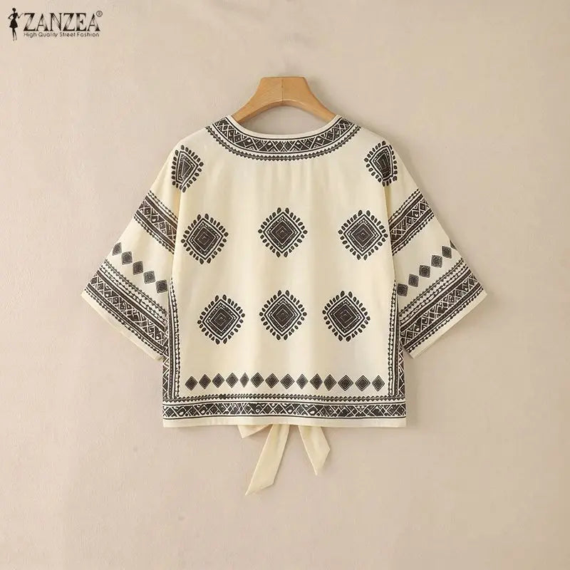 ZANZEA Women Ethnic Style Printing Blouses Casual V-Neck Half Bell Sleeves Button Up Tied-Hem Shirts Summer Loose Vacation Tops