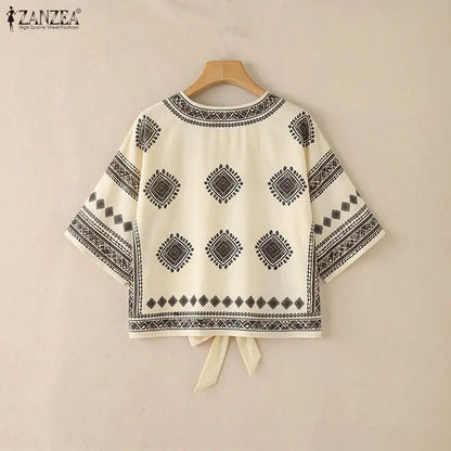 ZANZEA Women Ethnic Style Printing Blouses Casual V-Neck Half Bell Sleeves Button Up Tied-Hem Shirts Summer Loose Vacation Tops