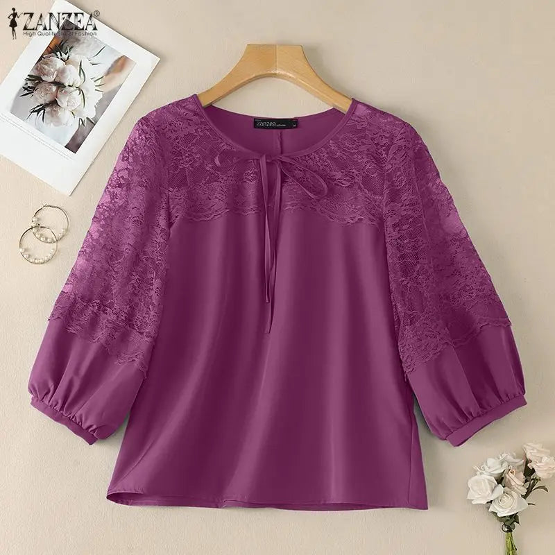 ZANZEA Woman Elegant Lace Patchwork Blouses Lace-Up O-Neck Lantern Sleeves Solid Color Sheer Tops Summer Everyday Wear Blusas