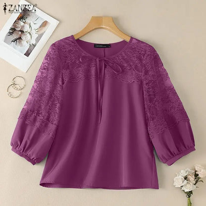 ZANZEA Woman Elegant Lace Patchwork Blouses Lace-Up O-Neck Lantern Sleeves Solid Color Sheer Tops Summer Everyday Wear Blusas