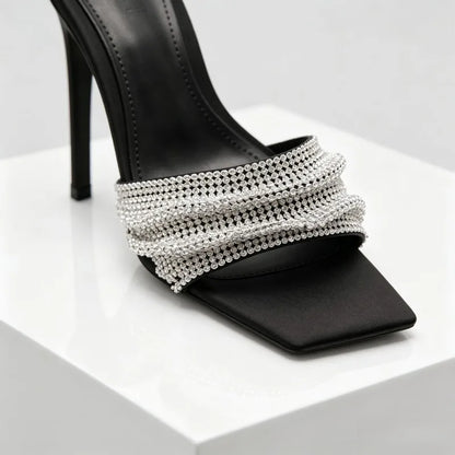 Rhinestone Decorated Slingback Heeled Sandals Women Sexy Square Toe Designer Heels Summer Elegant Party Wedding Shoes for Women