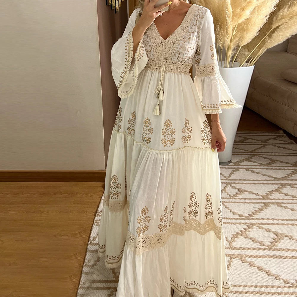 Mesh Lace Spliced Elegant Women Casual Dress Crew Neck Long Bell Sleeve Slim Vintage Boho Dress Vacation Maxi Dresses Vestidos