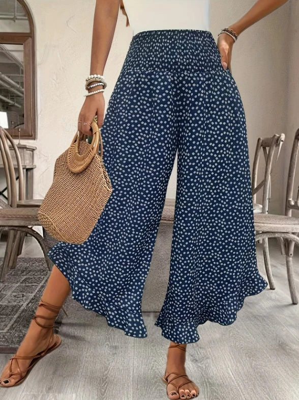 Women's Floral Wide Leg Nine-Point Pants Stretch High Waist Ruffled Slit Hem Casual Summer Beach Flowing Lightweight Pants