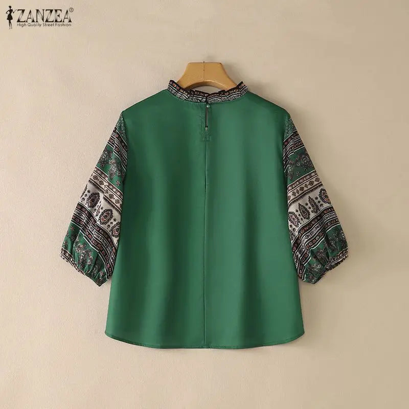 ZANZEA Woman Vintage Blouses Geometric Print Patchwork Lantern Sleeves Ruffled Collar Top Boemian Autumn Daily Wear Blusas Mujer
