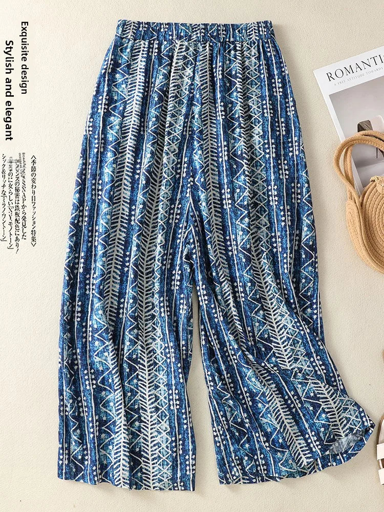 High Waist Cotton Linen Casual Pants Nine Points Summer Stripes Loose Wide Leg Trousers for plus Size Women Casual Loose Fit