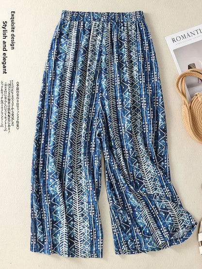 High Waist Cotton Linen Casual Pants Nine Points Summer Stripes Loose Wide Leg Trousers for plus Size Women Casual Loose Fit