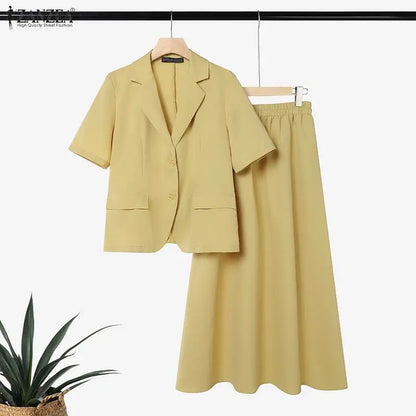 ZANZEA Women Elegant Chic Matching Skirt Sets Lapel Collar Short Sleeve Tops & A-Line Maxi Skirts 2pcs Suits Office Wear Outfits