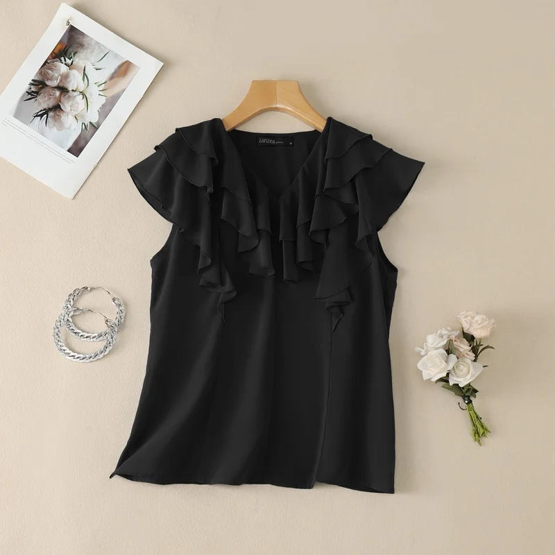 ZANZEA Women Layered Ruffles Blouses Elegant V-Neck Sleeveless Solid Color Top Summer Minimalist Casual Graceful Blusas de Mujer
