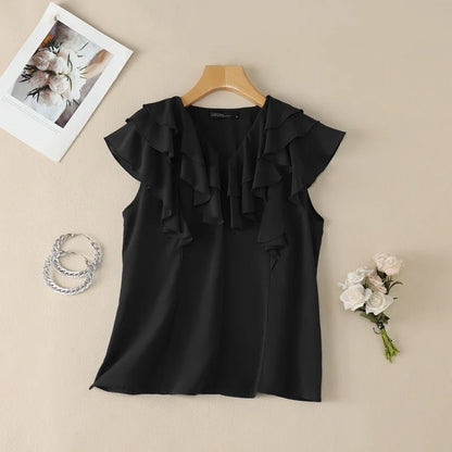 ZANZEA Women Layered Ruffles Blouses Elegant V-Neck Sleeveless Solid Color Top Summer Minimalist Casual Graceful Blusas de Mujer