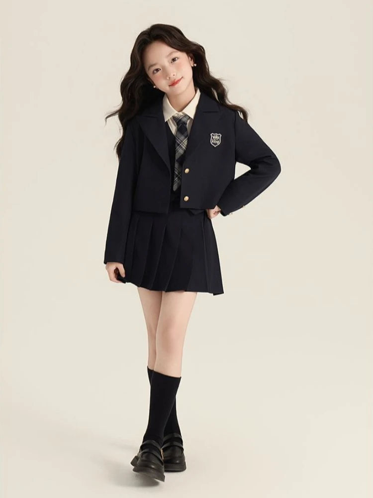 Girls Preppy School Uniform Set 2026 Autumn New Elegant Blazer Shirt Vest Pleated Skirt Outfit for Children