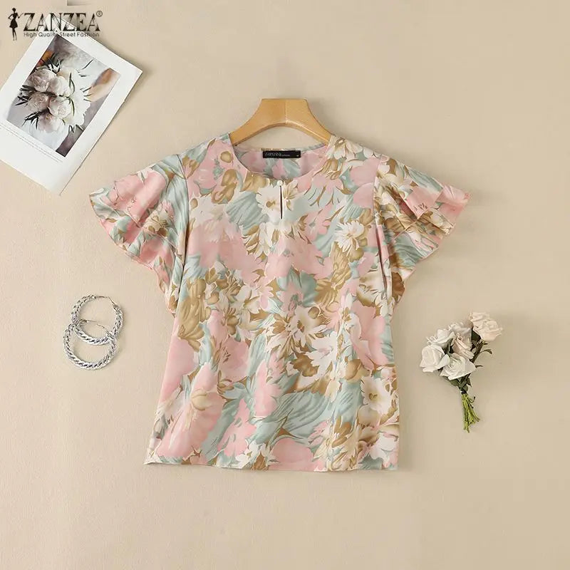 ZANZEA Summer Women Blouses Ruffles Short Sleeve Tops Fashion Print Tops Streetwear OL Work Party Blusas Oversize Tunic S-3XL
