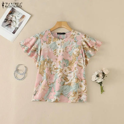 ZANZEA Summer Women Blouses Ruffles Short Sleeve Tops Fashion Print Tops Streetwear OL Work Party Blusas Oversize Tunic S-3XL