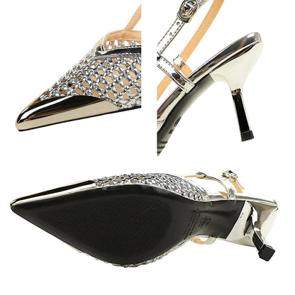 Luxury High-heeled Sandals Women Shoes Pointed Tip Women Pumps Woven Net High Heels Stiletto 7 cm Buckle Summer Ladies Sandals