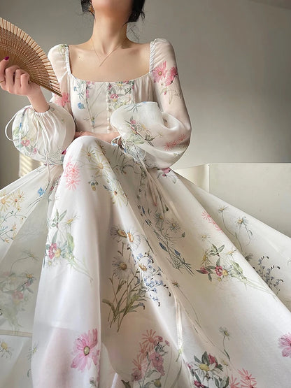 French Elegant Floral Midi Dress Chiffon Long Sleeve Evening Party Dress Woman Beach Fairy One Piece Dress Korean 2026 Summer