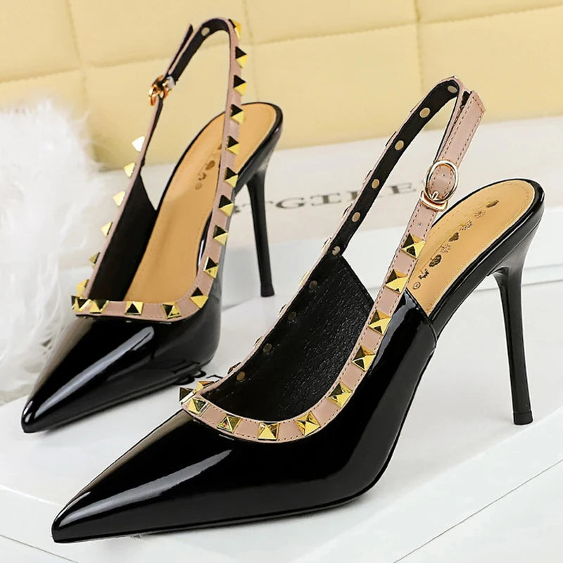 BIGTREE Shoes Rivet Design Women Pumps Patent Leather High Heels Sexy Party Shoes Stiletto Summer High Heeled Sandals Women Heel
