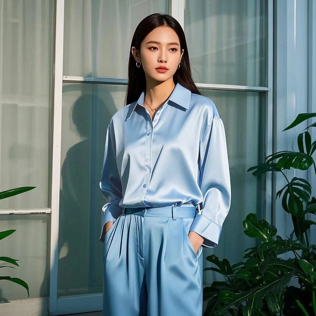 Korean Office Lady Trend Casual Shirt Elegant Blouses For Women Satin Multicolor Basic Slim Shirt Solid All-Match Top French New