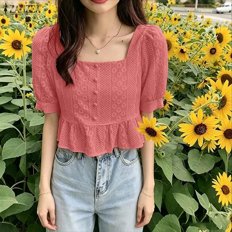 ZANZEA Embroidered Fabric Cropped Blouses Woman Square Neck Short Puff Sleeve Peplum Tops Summer Daily Casual Blusas de Mujer