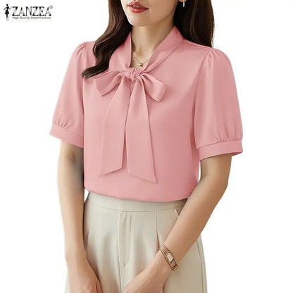 ZANZEA Woman Elegant Minimalist Blouses Bow Tie Neck Half Puff Sleeve Solid Color Tops 2026 Summer Casual Day Blusas de Mujer