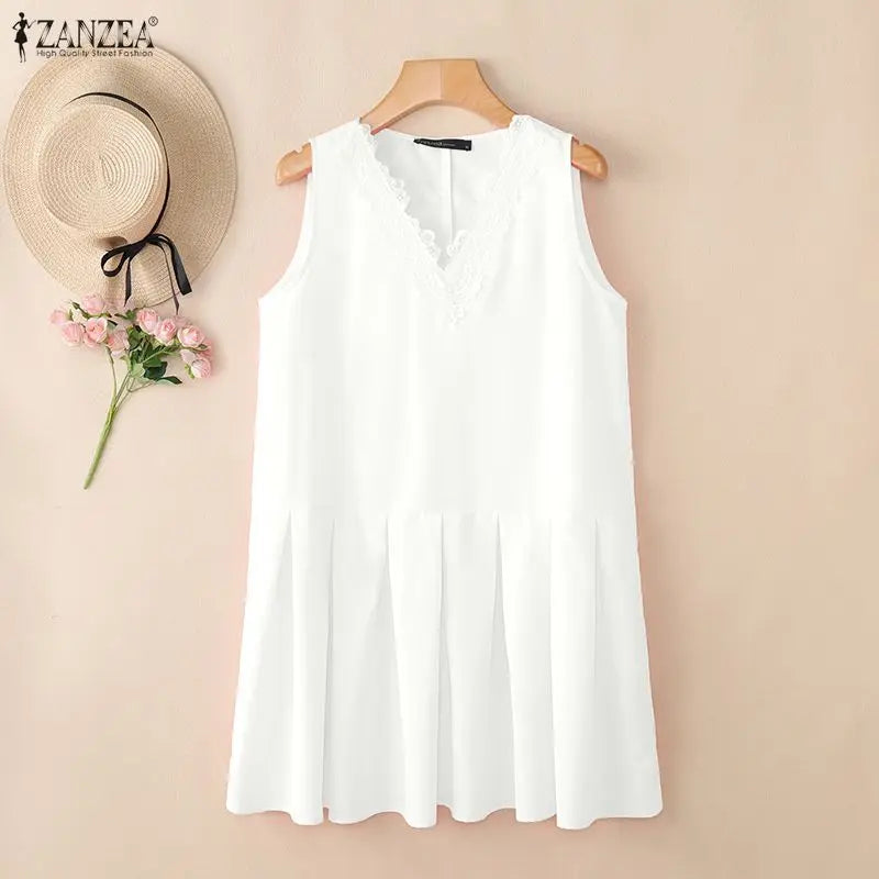 Summer Sleeveless Tops ZANZEA Women Blouses Lace Patchwork V Neck Pleated Blouse Streetwear OL Work Party Blusas Tops Tunic 3XL