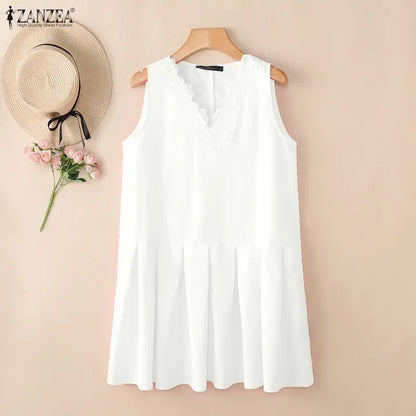 Summer Sleeveless Tops ZANZEA Women Blouses Lace Patchwork V Neck Pleated Blouse Streetwear OL Work Party Blusas Tops Tunic 3XL