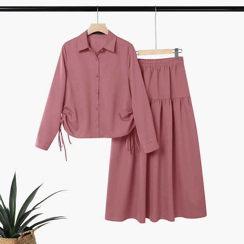 2026 ZANZEA Fashion Women Long Sleeve Shirt Dress Sets Muslim Matching Set Ramadan Outfit Hijab Tracksuit Solid Work Skirt Suit