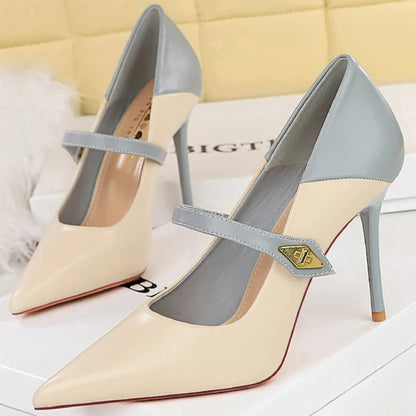 BIGTREE Shoes Color Block Women Pumps Buckle Design High Heels Stiletto 10 CM Fashion Banquet Shoes Luxury Office Shoes Size 43