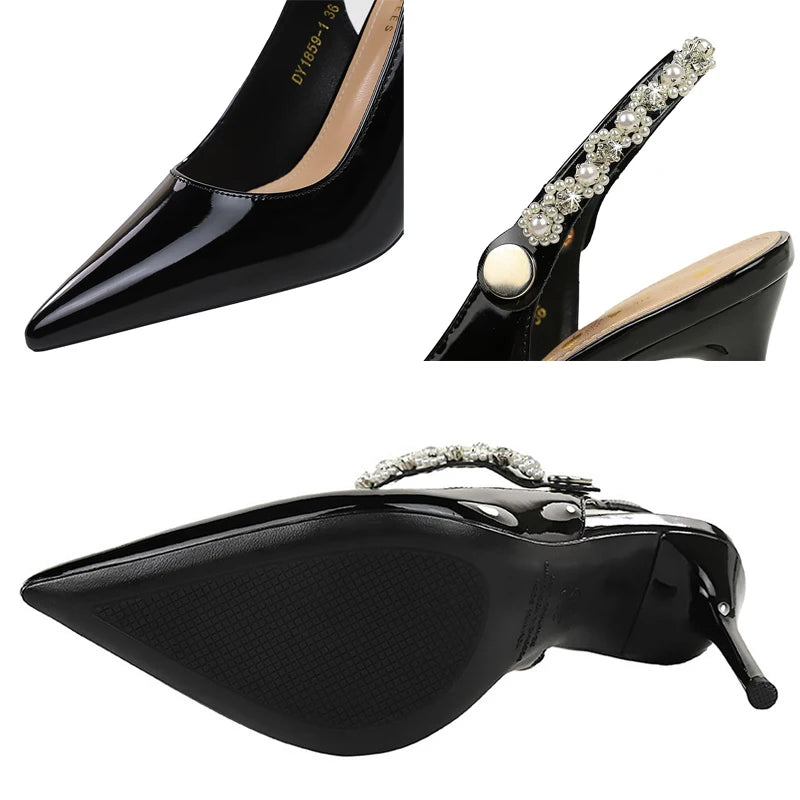 BIGTREE Shoes Pearl Water Diamond Design Women Pumps Rear Empty Rear Strap High Heels Sexy Party Shoes Stilettos Women Sandals