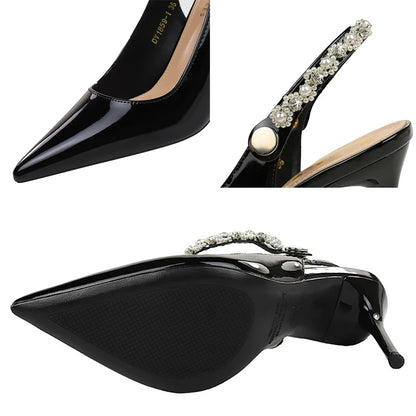 BIGTREE Shoes Pearl Water Diamond Design Women Pumps Rear Empty Rear Strap High Heels Sexy Party Shoes Stilettos Women Sandals