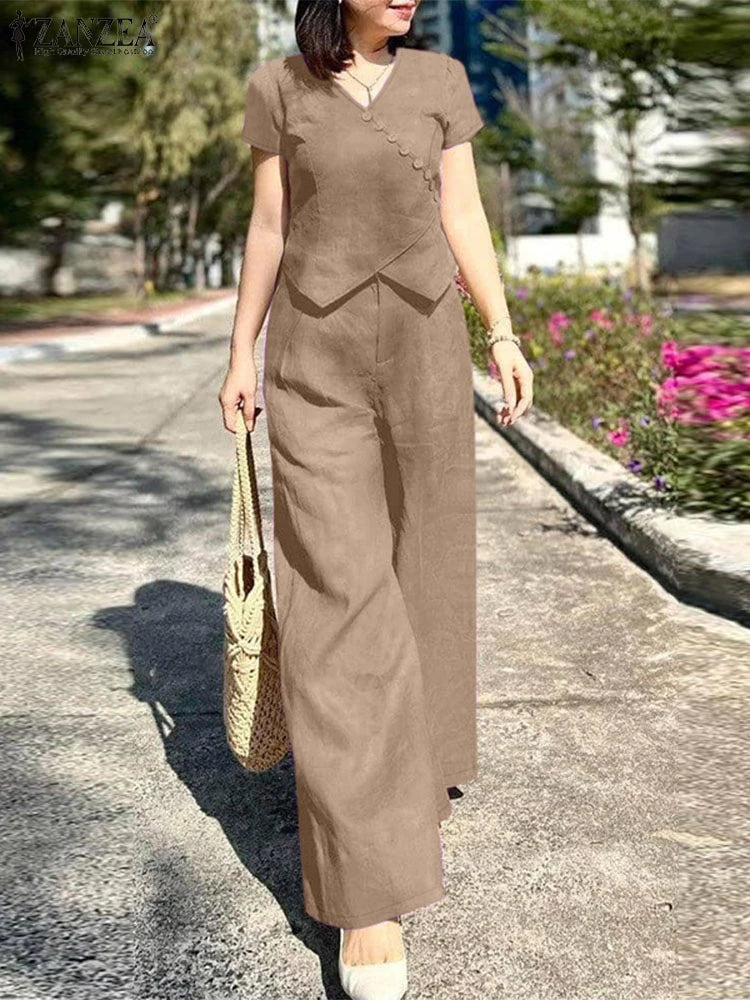 Women Pant Sets 2024 ZANZEA Summer V-neck Short Sleeve Tops Trousers Suits Casual 2PS Solid Work Outfits Fashion OL Tracksuits