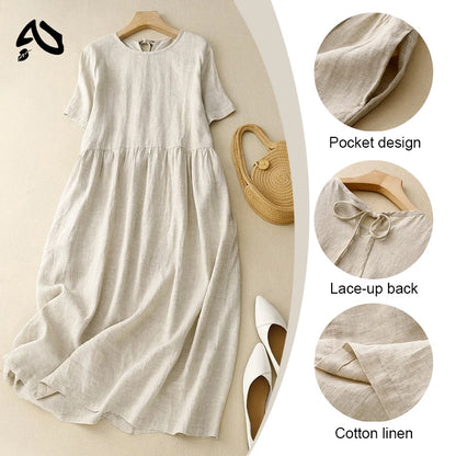 Original Women Cotton Linen Midi Dresses Summer Chic Female Vestidos Loose Soild A-Line Dress Short Puffy Sleeve Casual Sundress