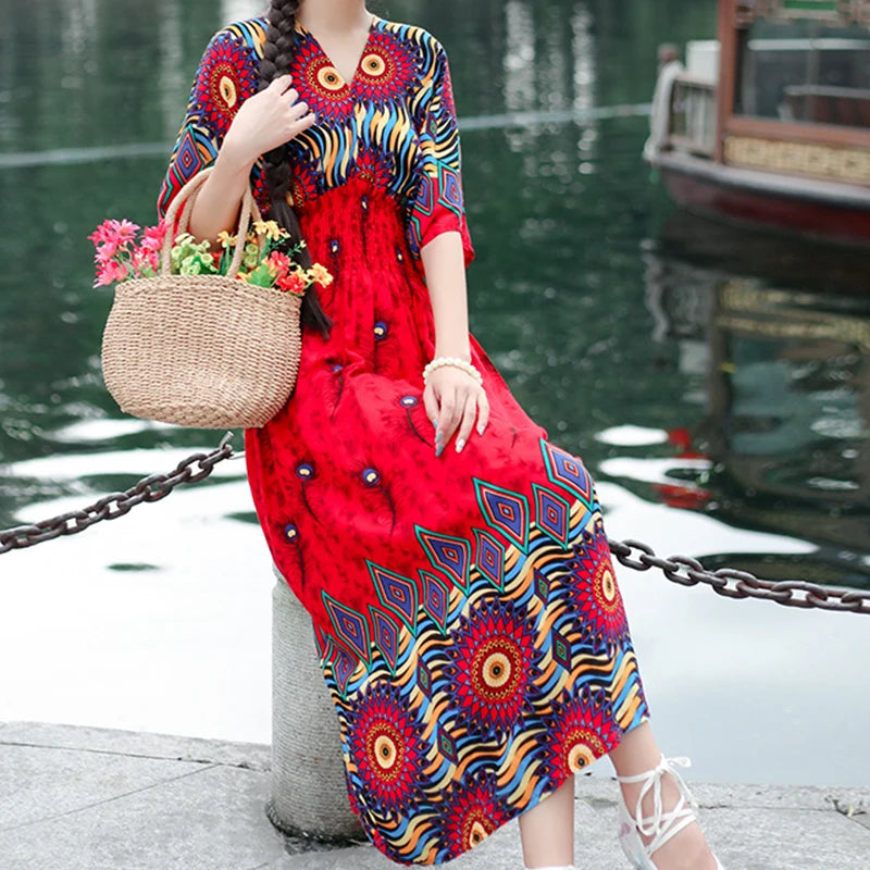 Women Bohemian Ethnic Printed Holiday Dress V-Neck Elastic Waist Casual Batswing Sleeve Mid Dress Elegant Vintage Retro Dress